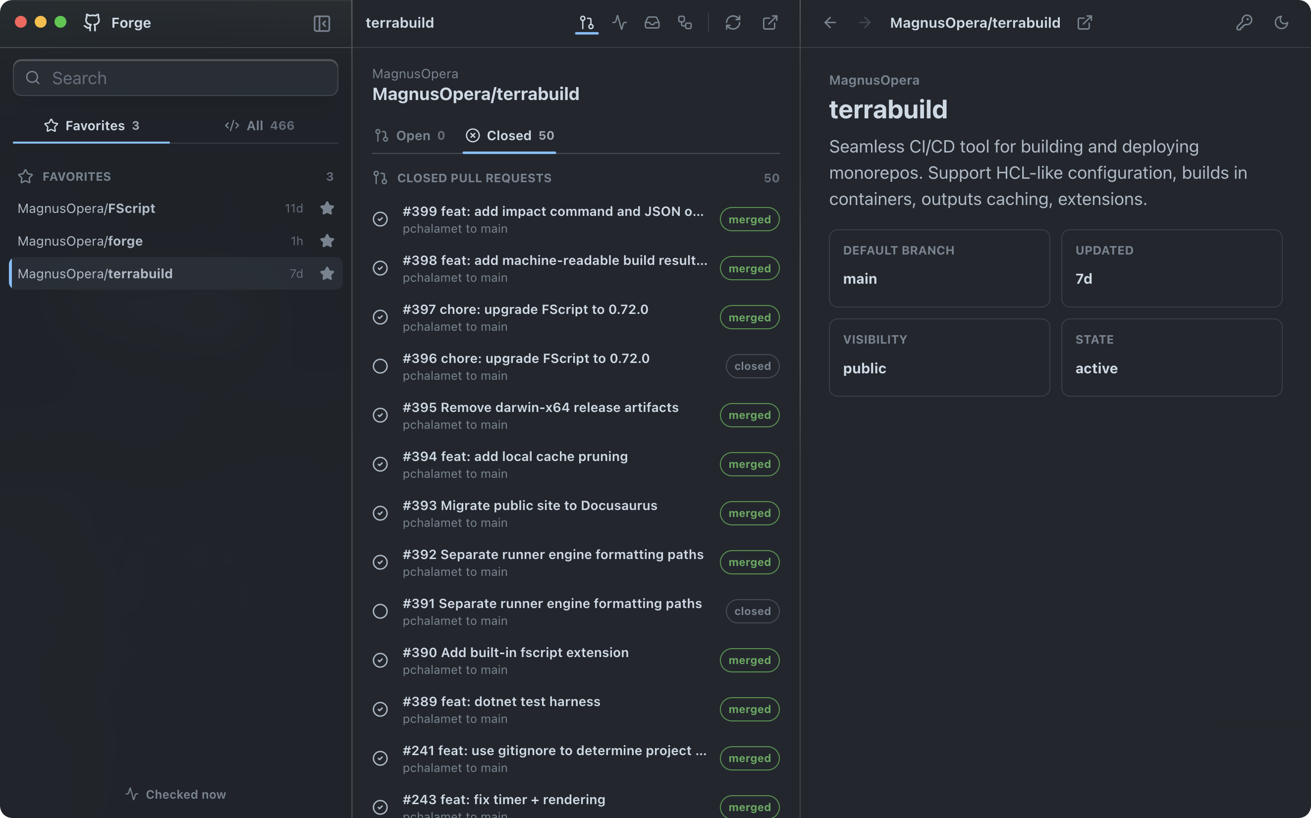 Forge desktop app screenshot showing repositories, work lists, and repository details.